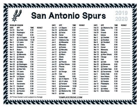 Printable Spurs Schedule 2019 20